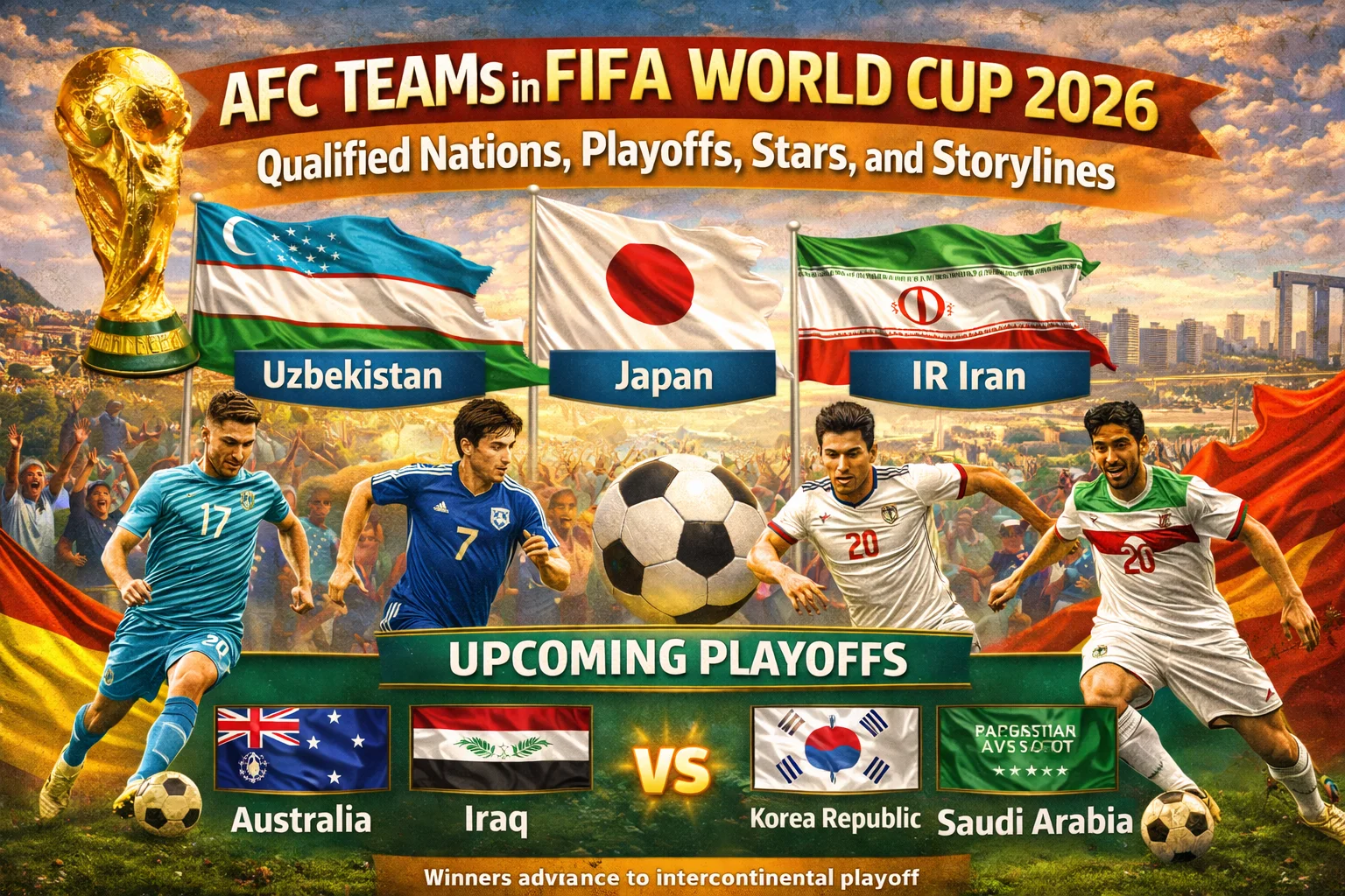 AFC teams map: Japan, Iran, Korea, & Australia qualified for 2026 World Cup. Who will join them from the expanded playoffs? Click for stars & storylines!