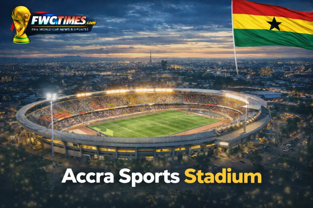 Accra Sports Stadium vibrant atmosphere in Ghana, packed with excited football fans under blue sky. Experience the energy of a live match and see why it's the place to be!