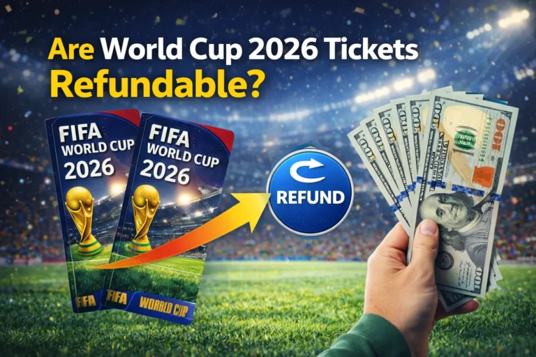 World Cup 2026 tickets and a calendar with a "Refund?" stamp. Get clear answers on if your tickets are refundable before you buy!