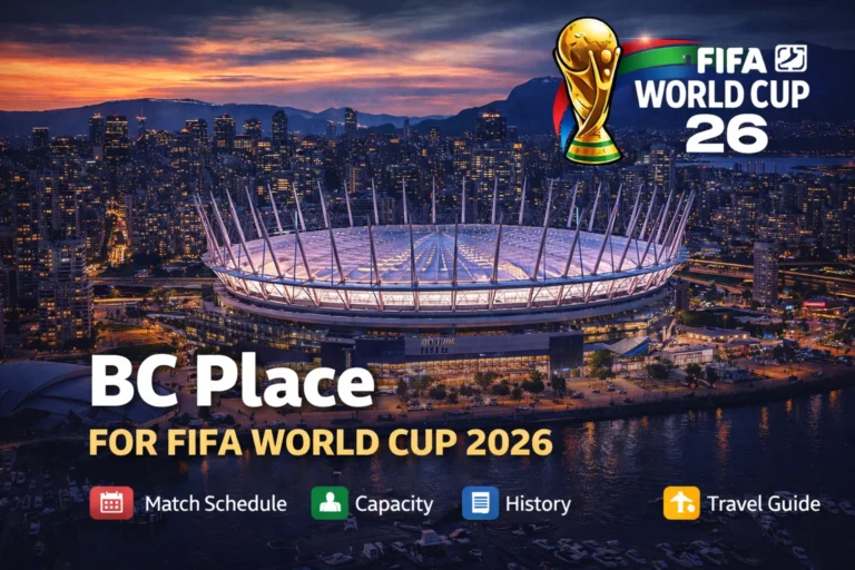 Vibrant aerial view of BC Place Stadium in Vancouver, ready to celebrate as a host venue for the FIFA World Cup 2026. Explore the excitement!