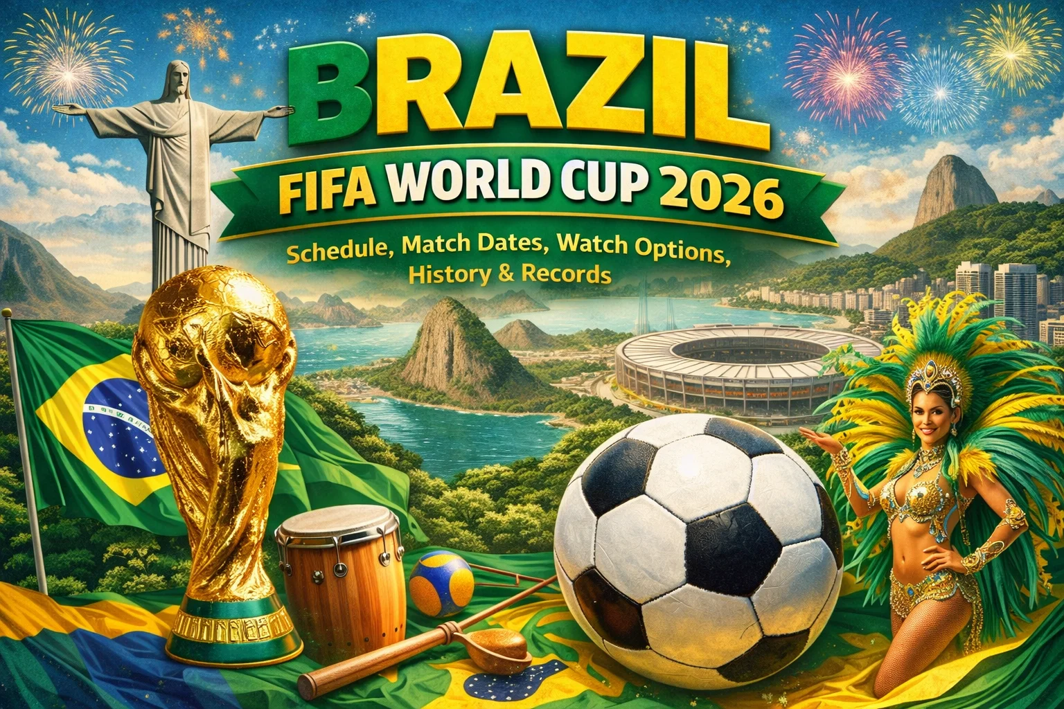 Brazilian football team celebrates; check out the Brazil 2026 World Cup schedule, match dates, watch options, plus history & records.