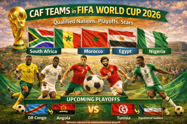 Discover the African giants chasing World Cup glory! See the qualified CAF teams (Morocco, Nigeria), playoff contenders (Ghana, Egypt), and star players like Salah & Osimhen. A story of dream, drama, and destiny.