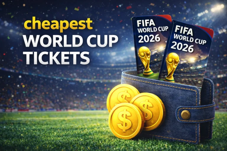 A cheerful hand holding two cheap World Cup 2026 tickets in front of a bright stadium entrance, with flags waving. Find yours today!
