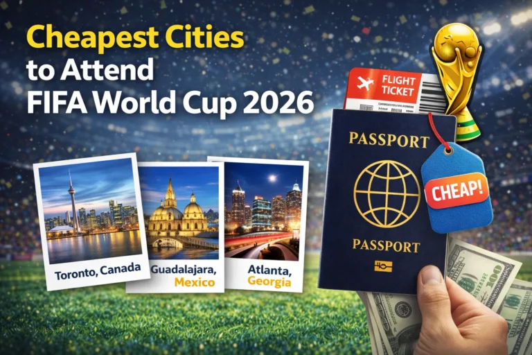 Check out the cheapest cities to attend FIFA world cup 2026 in this image! See top host cities with flags and stadiums. Click to plan your trip!