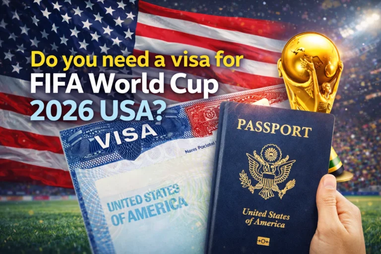A friendly guide holding a World Cup trophy next to a U.S. passport and map; get a quick answer on whether you need a visa for FIFA World Cup 2026 USA and see the requirements.