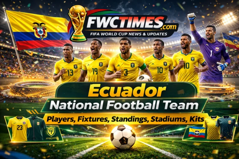 Vibrant shot of Ecuador's 2026 team in the new away kit at a packed stadium. Get the latest squad, full fixtures, standings & stadium info. Click for details!