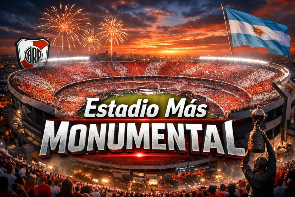 Feel the roar of the River Plate fans in this vibrant shot of the colossal Estadio Más Monumental in Buenos Aires, bursting with color and energy