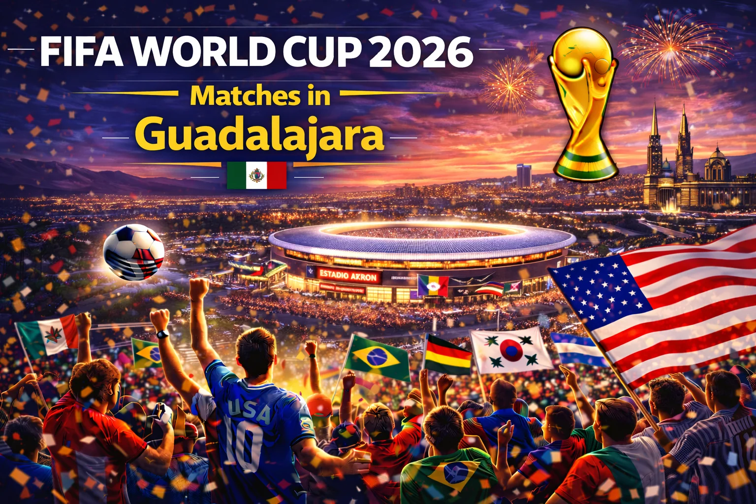 Excited fans fill the vibrant Estadio Akron, ready for the thrilling action of a FIFA World Cup 2026 match in Guadalajara. See the stadium and city atmosphere