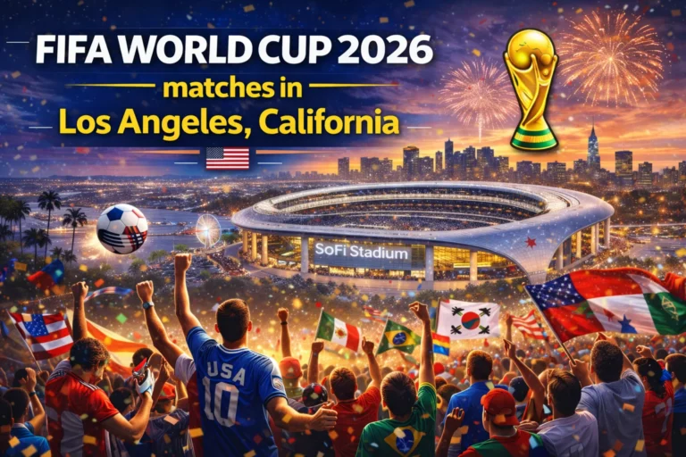 A packed LA stadium roaring during a FIFA World Cup 2026 match, with players battling on the field under the California sun. See the full list of Los Angeles games.