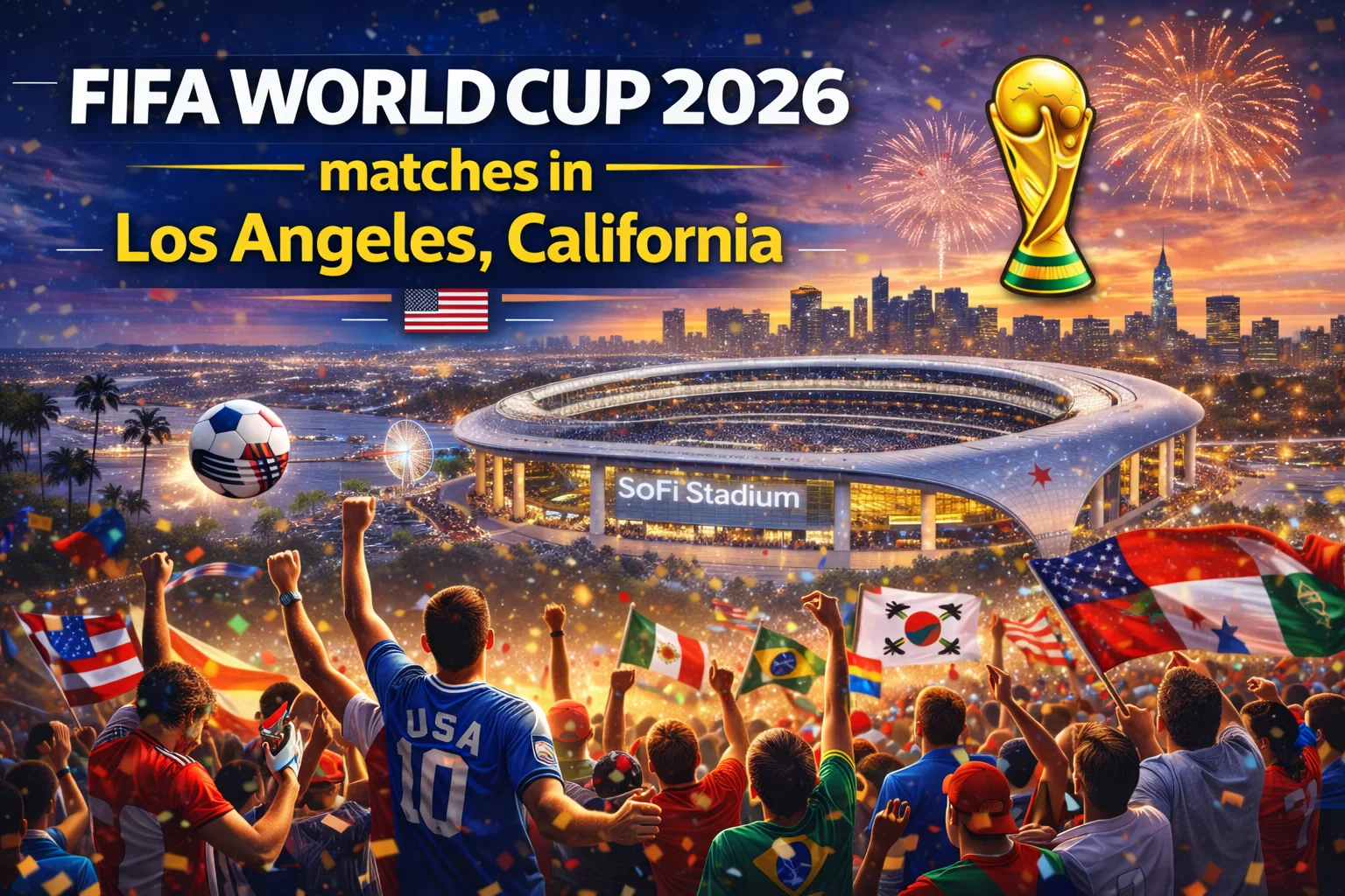 A packed LA stadium roaring during a FIFA World Cup 2026 match, with players battling on the field under the California sun. See the full list of Los Angeles games.
