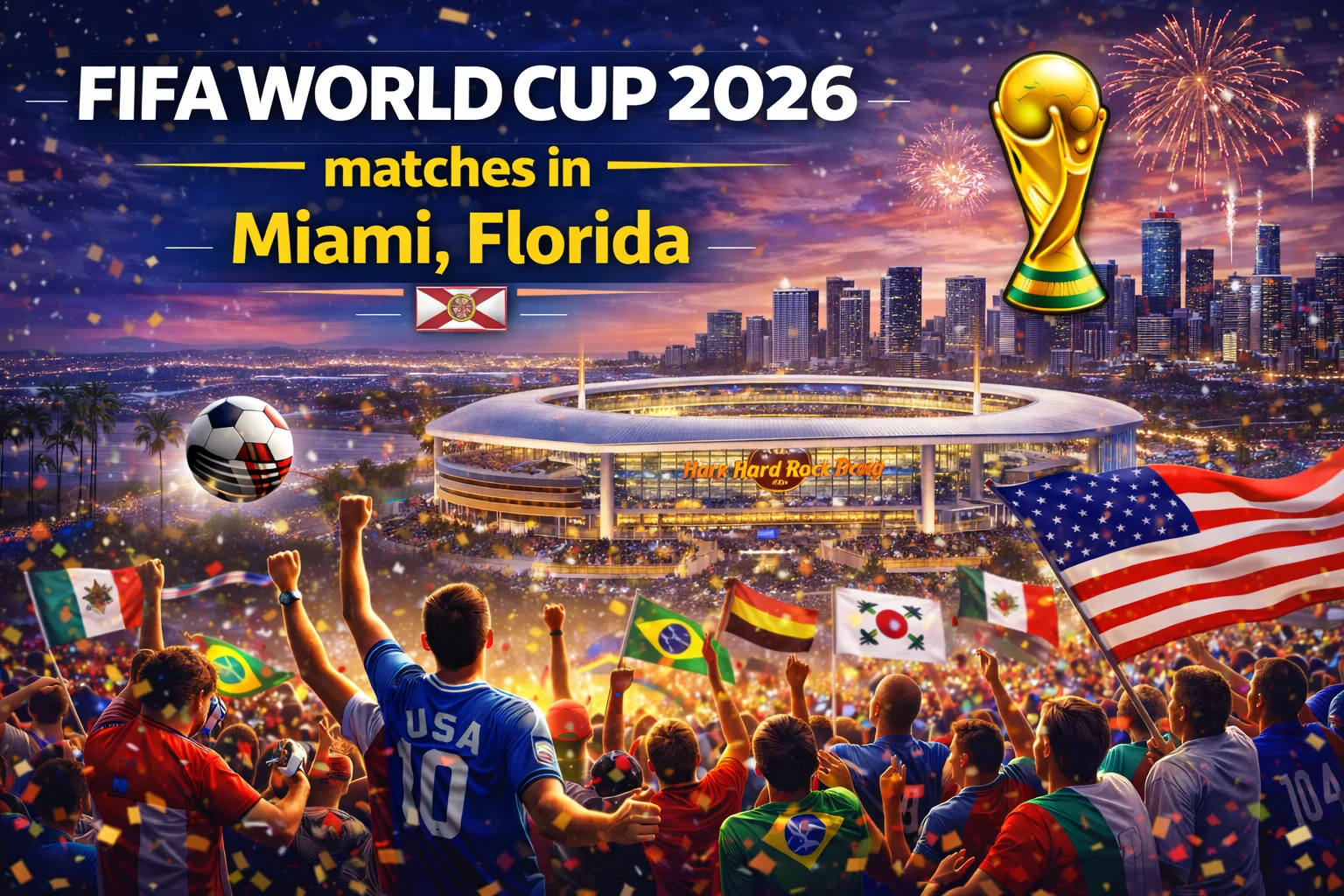 Epic view of a packed Miami stadium during a high-stakes FIFA World Cup 2026 match. Vibrant crowd and players on the field. Check out ticket info!
