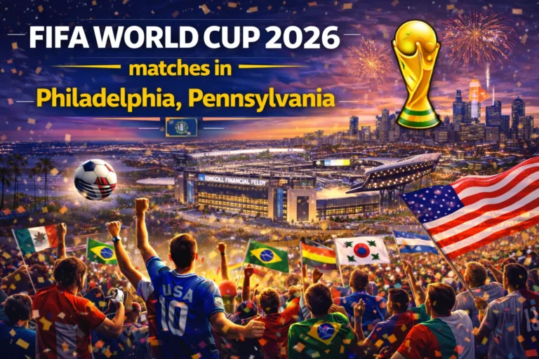 A vibrant stadium crowd cheers during a thrilling FIFA World Cup 2026 match in Philadelphia. Soaring action on the field captures the epic soccer moment. See which teams are playing here.