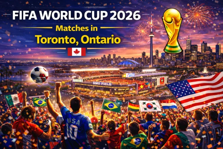 Excited soccer fans cheering in a packed Toronto stadium with CN Tower view during FIFA World Cup 2026 match. See the schedule!