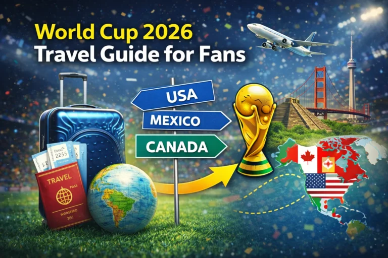 A smiling fan holding 2026 World Cup tickets and a map, standing in front of host city skylines. FIFA World Cup 2026 Travel Guide For fans - plan your trip now!