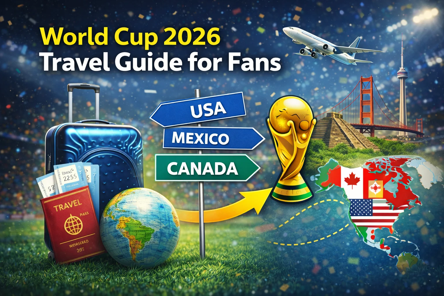 A smiling fan holding 2026 World Cup tickets and a map, standing in front of host city skylines. FIFA World Cup 2026 Travel Guide For fans - plan your trip now!