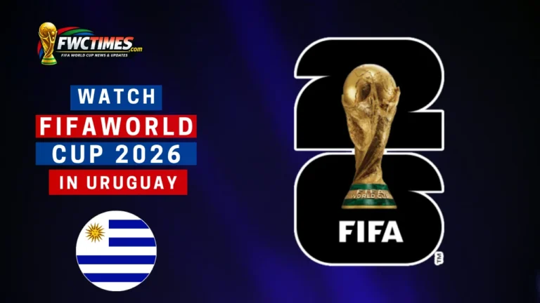 Friendly guide showing how to watch FIFA World Cup 2026 in Uruguay. Person holding remote, TV screen with soccer match. Find out how!
