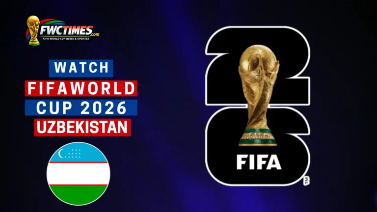 Happy fan watching football on phone and laptop, with Uzbek flags nearby. Learn how to watch FIFA World Cup 2026 in Uzbekistan.