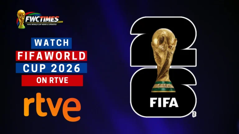 A smiling fan holds a remote, ready to stream a match on a tablet. RTVE and FIFA World Cup 2026 graphics are on the screen. Click for your complete guide on how to watch every game live. Don't miss a moment