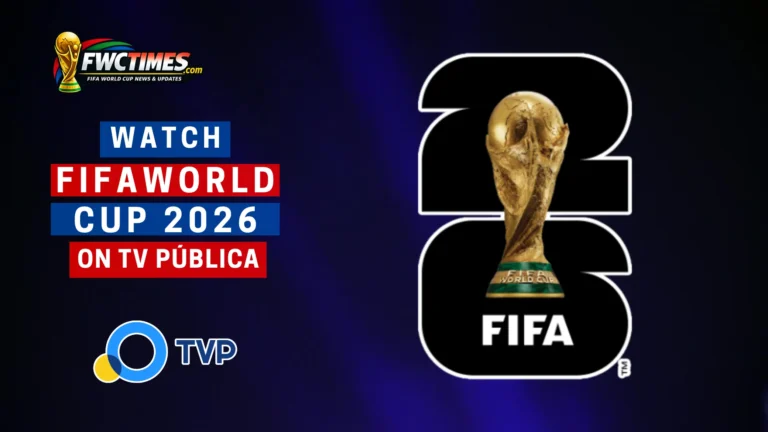 Excited fan holding a remote in front of a TV screen showing the FIFA World Cup 2026 logo on TV Pública. Click to see the full channel guide.