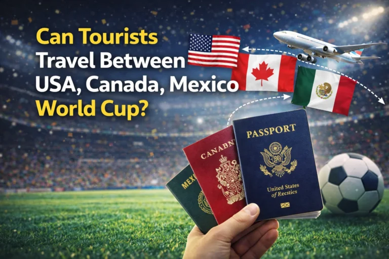 A friendly map showing seamless travel routes between the USA, Canada, and Mexico for the 2026 World Cup, with passports and tickets. Yes, easy cross-border travel is possible for fans—plan your ultimate road trip today!
