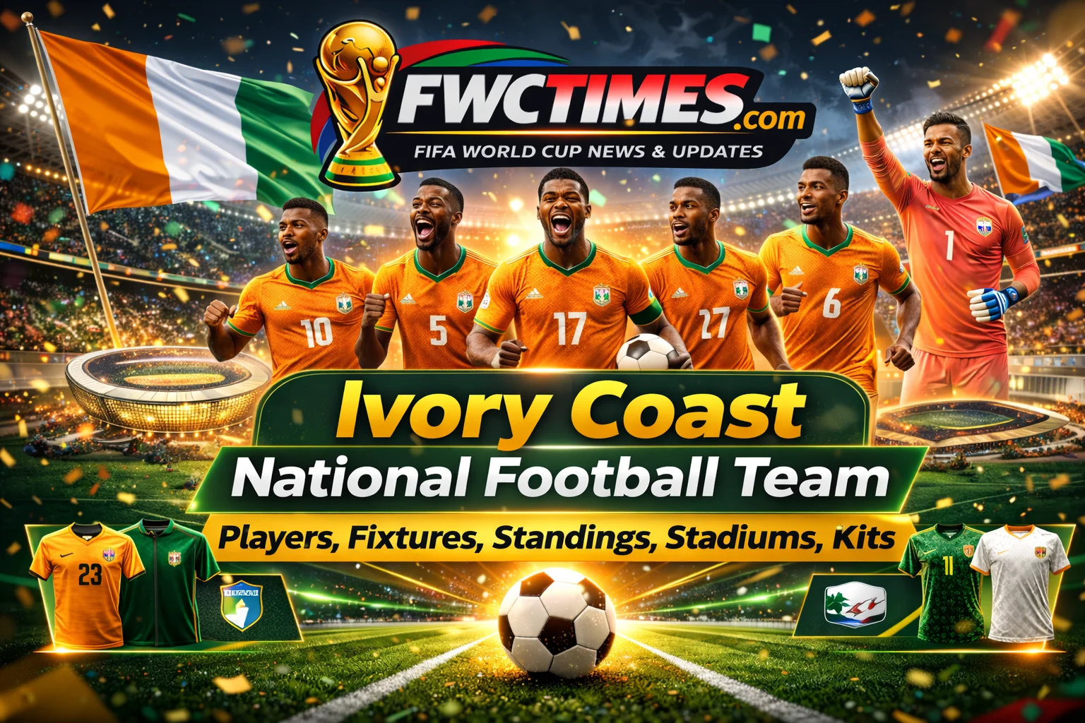 Check out the Ivory Coast National Football Team's 2026 squad in their new kits! See their fixtures, standings, and stadiums all in one place!