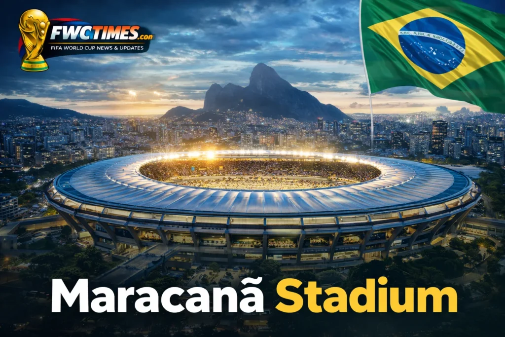 An aerial view of the giant, packed bowl of Maracanã Stadium in Rio, bathed in sunlight and ready to host a massive match. Don’t miss this view!