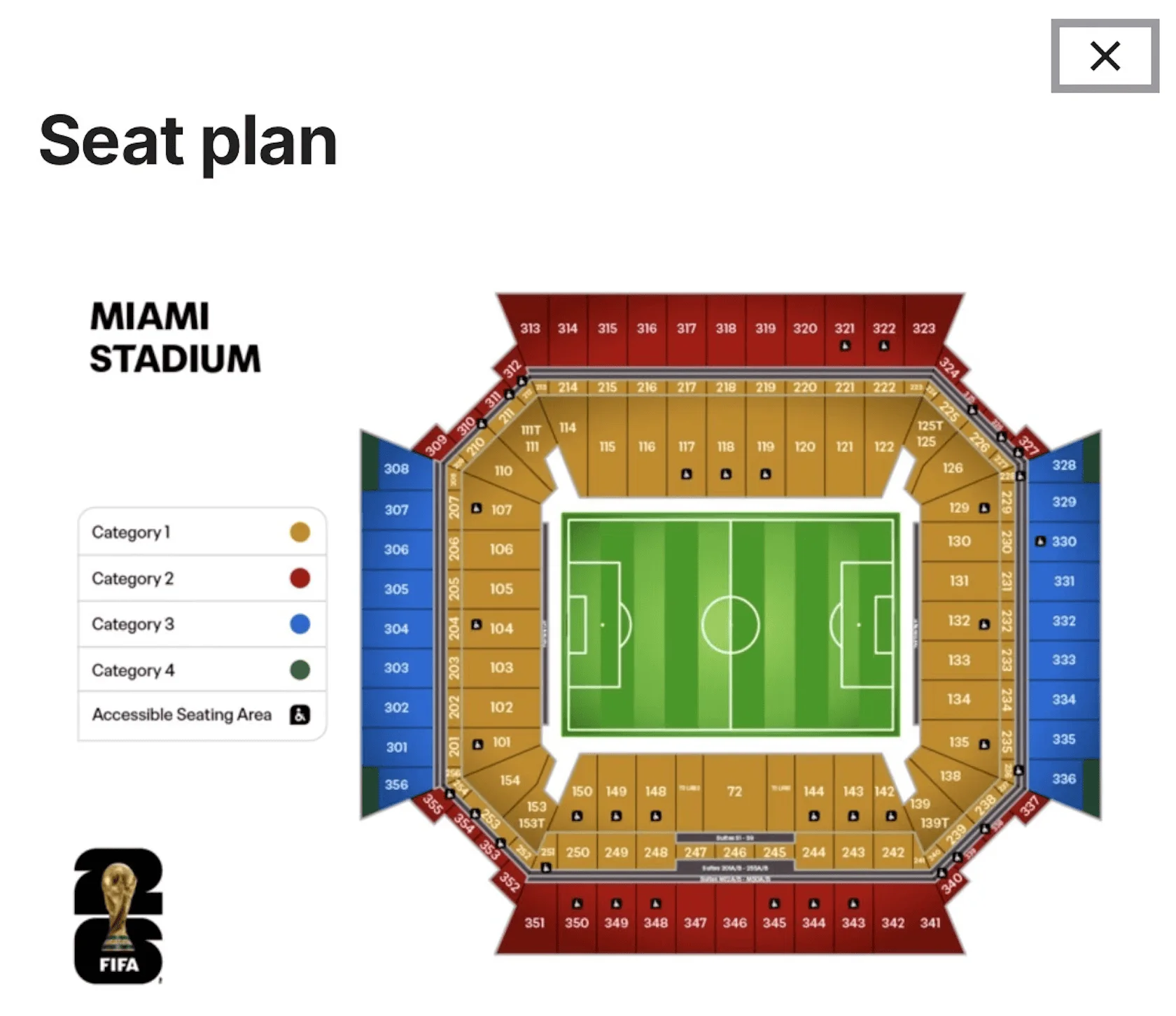 Hard Rock Stadium seating map for World Cup 2026