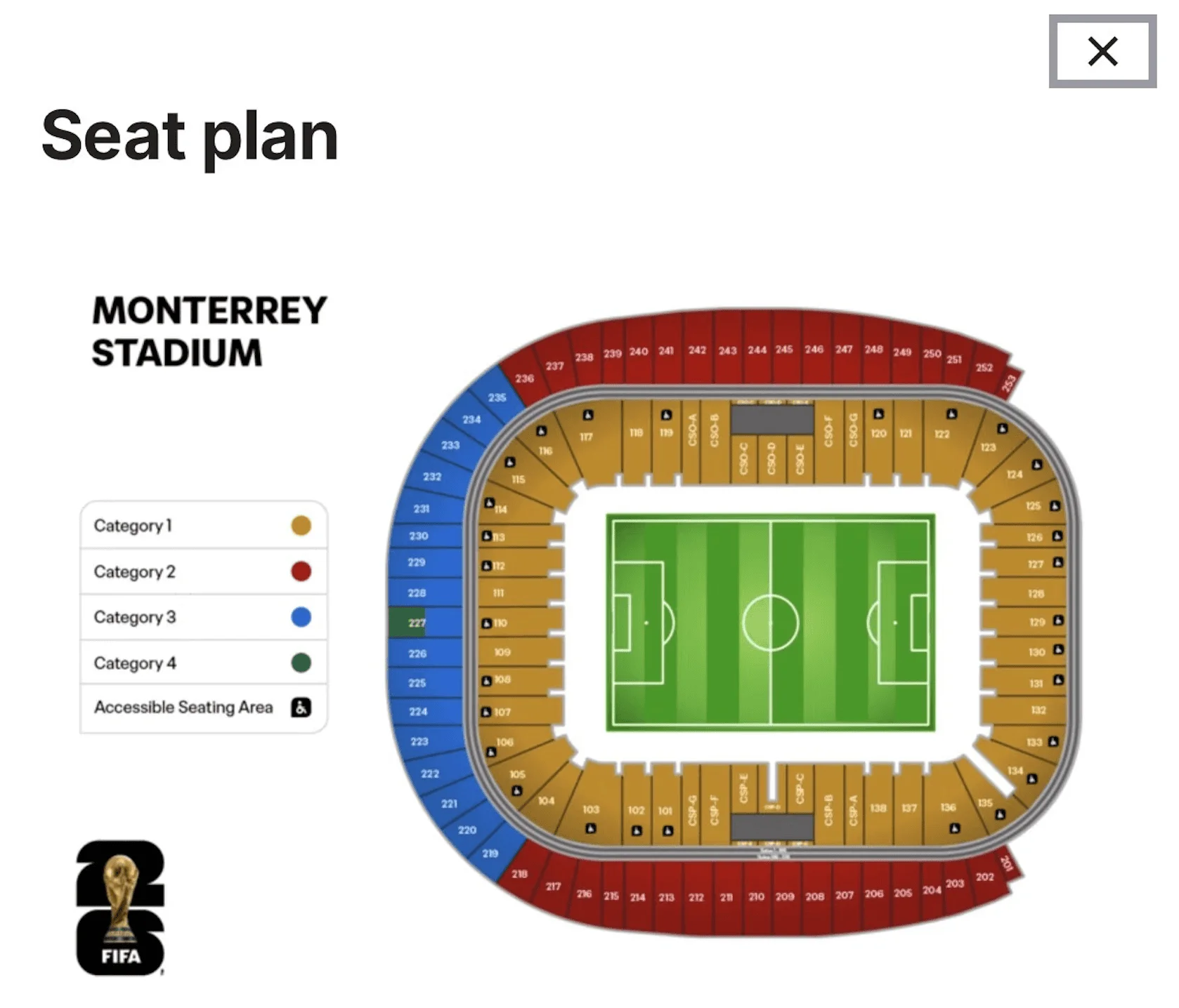 Detailed seat map for Estadio BBVA in Monterrey. Find your perfect view for the big game! Click to see the full layout and sections.