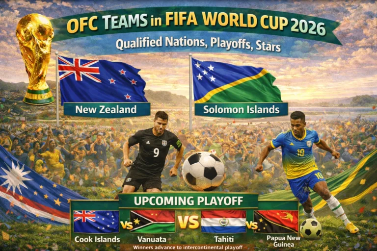 A vibrant graphic showing a map of OFC nations with flags of qualified teams, star players, and the playoff path. See the confirmed list for the 2026 FIFA World Cup.