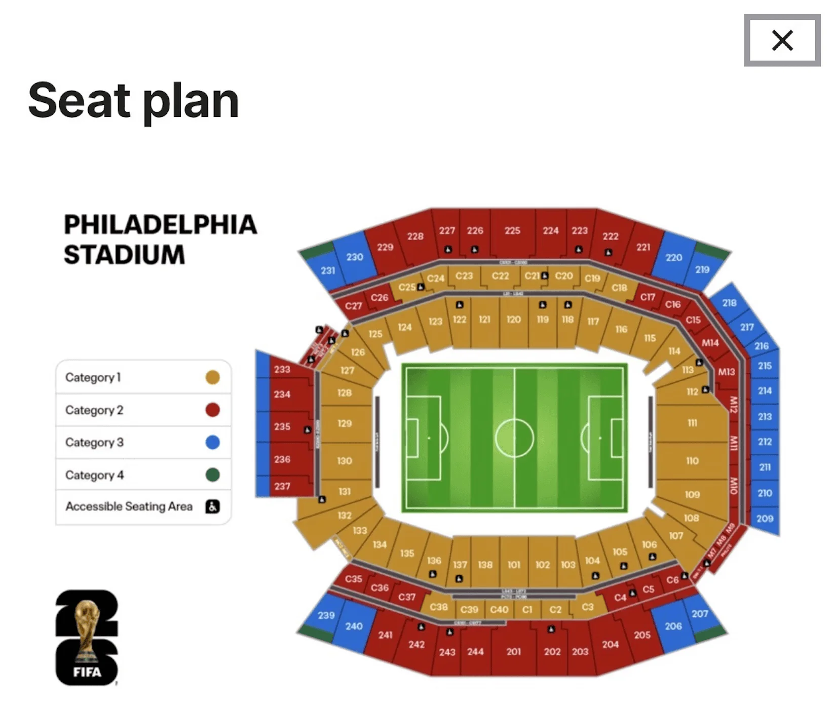 Lincoln Financial Field seating map for FIFA World Cup 2026