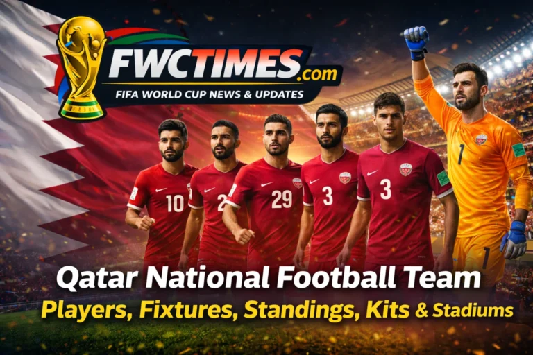 Check out the Qatar National Football Team's 2026 journey! Image shows star players, upcoming fixtures, standings, Lusail Stadium & the new home kit. Click for the full guide!