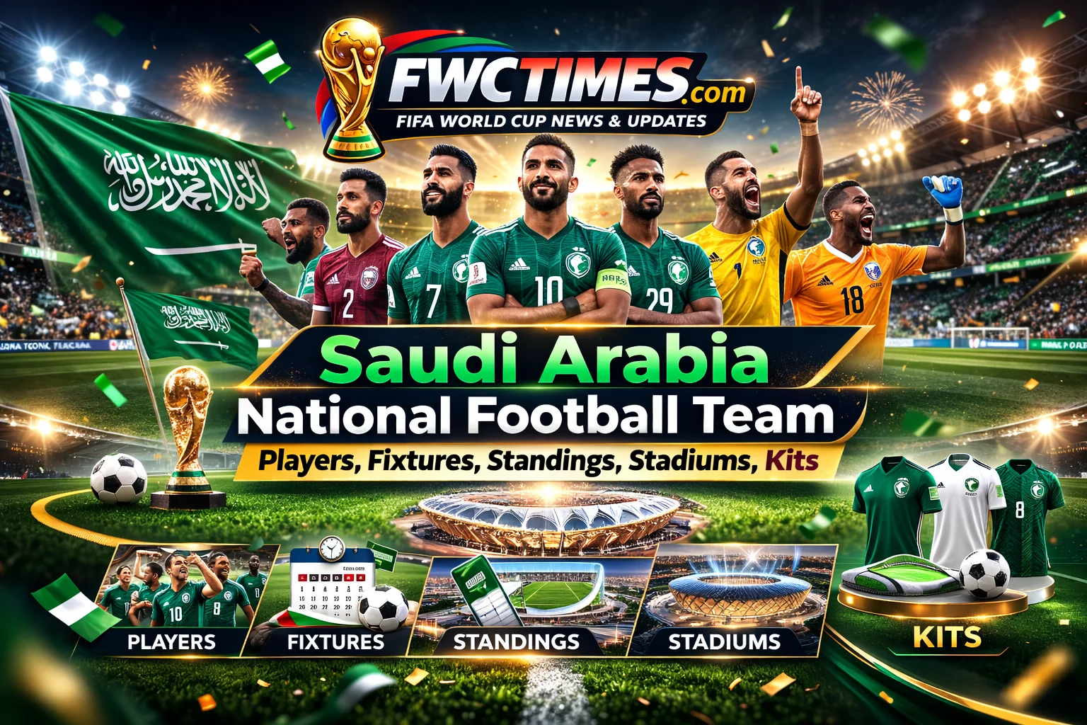 Check out the Saudi Arabia National Team's 2026 squad in their new kit at a stadium. See full fixtures, standings & more!