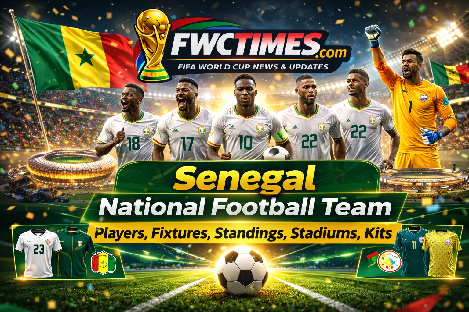 Meet the Senegal National Football Team's 2026 squad in their new kits! Check out player profiles, fixtures, standings, and stadiums here.