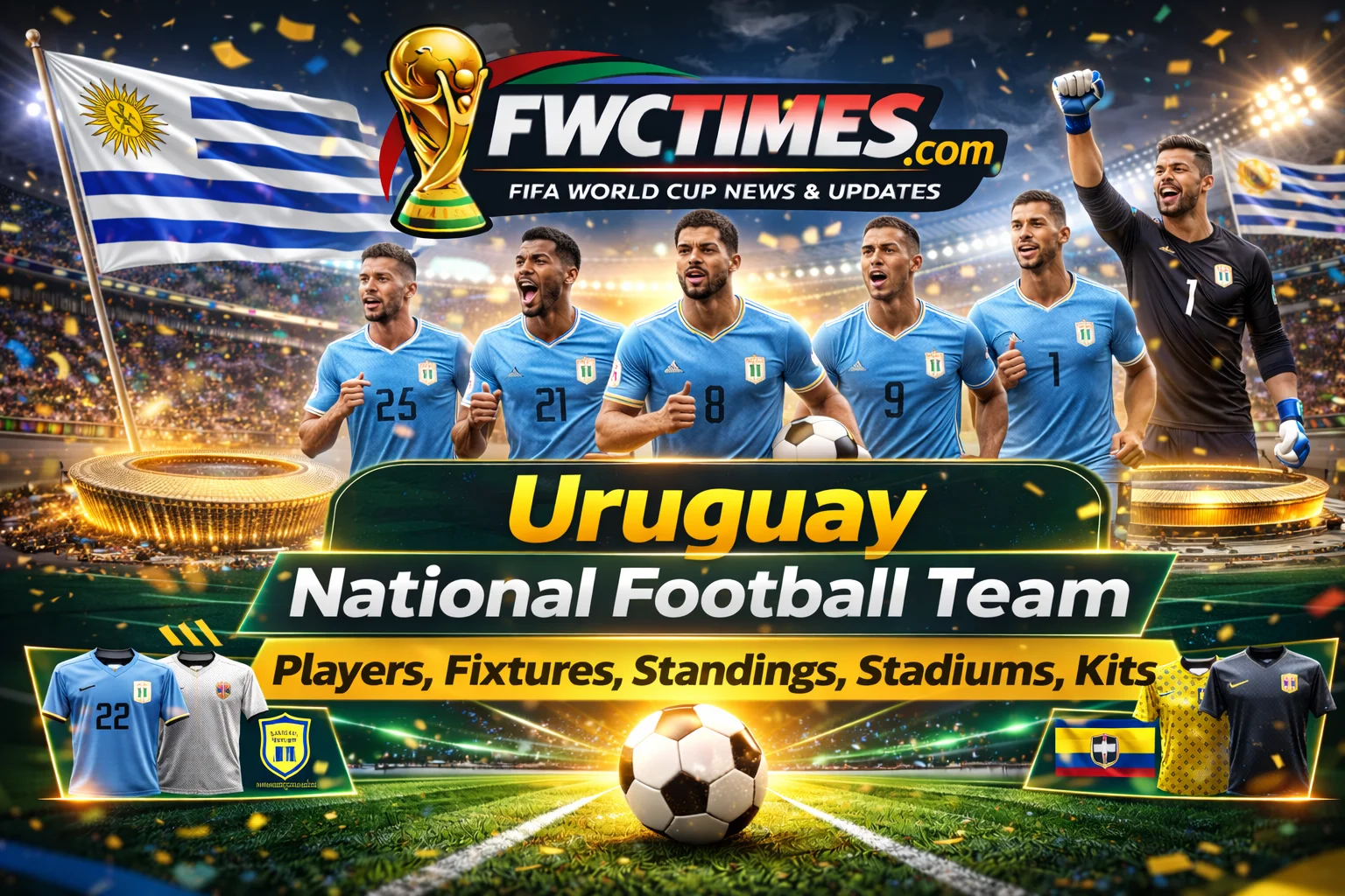 Uruguay's 2026 World Cup squad in their iconic blue kits at the Centenario! Follow La Celeste's fixtures, standings & stadium journey here.