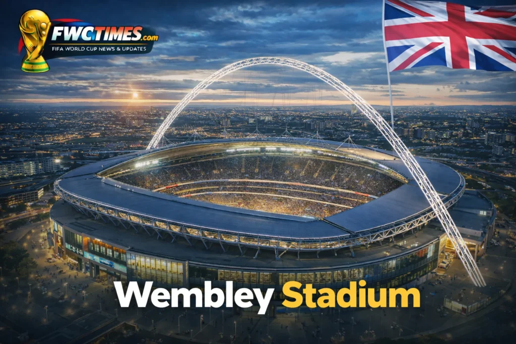 Wembley Stadium's iconic arch towers over a buzzing crowd on game day. Check out the view—are you heading here soon?