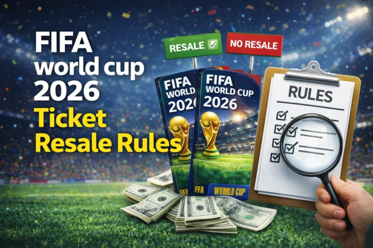 A fan holding a tablet showing 2026 World Cup tickets, with a checklist overlay. Friendly guide to World Cup 2026 ticket resale rules. Learn how to safely sell your seats!
