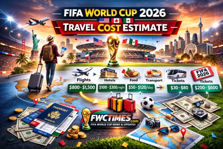 Planning your trip? This colorful map with soccer ball and stadium icons breaks down estimated flight & hotel prices for the 2026 World Cup.