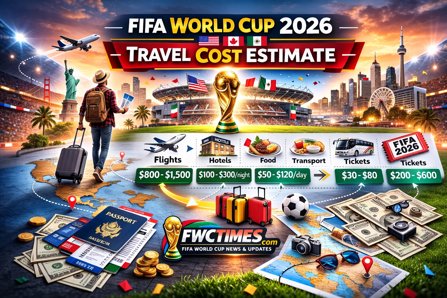 Planning your trip? This colorful map with soccer ball and stadium icons breaks down estimated flight & hotel prices for the 2026 World Cup.