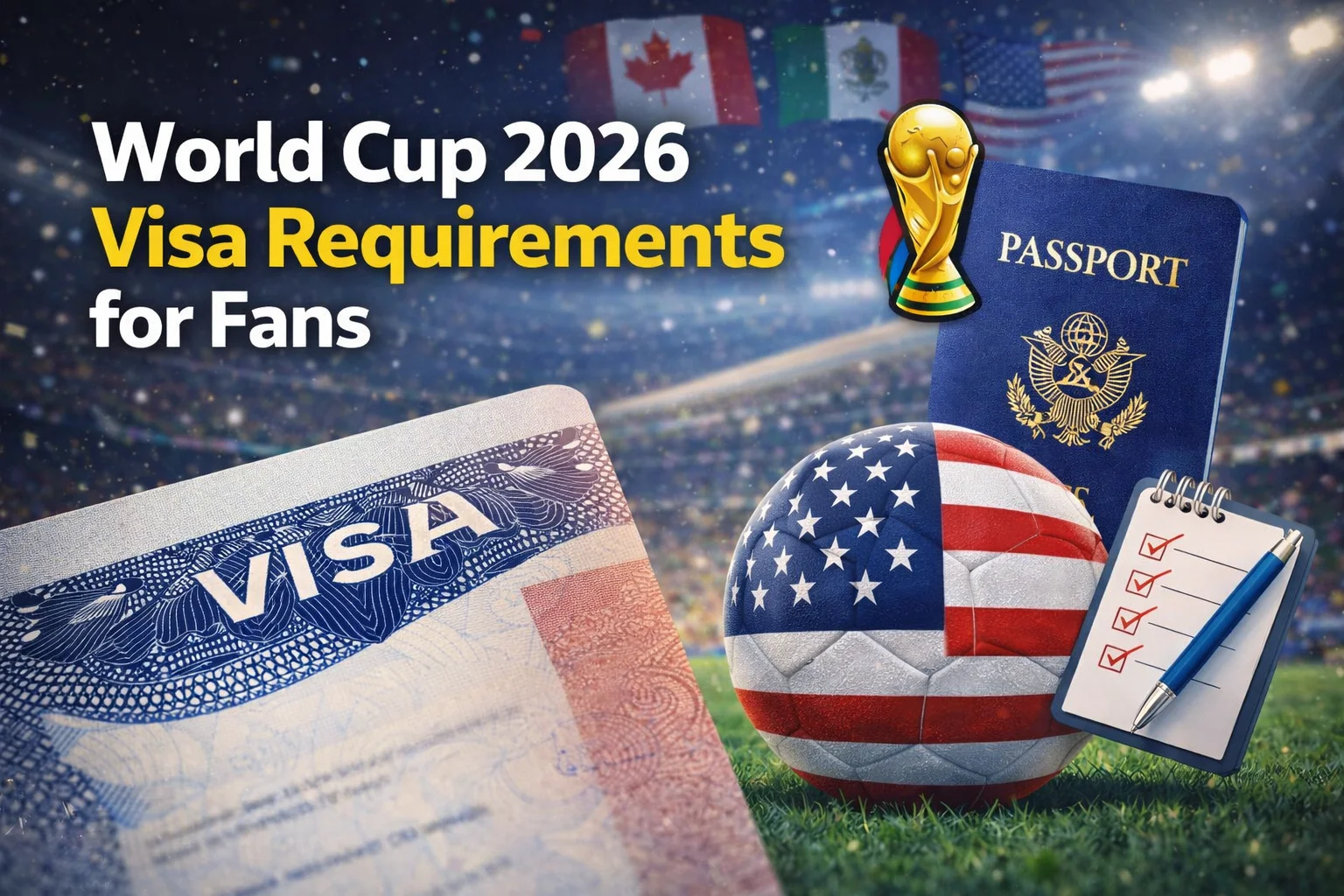 Soccer fans holding passports and world flags. Check the World Cup 2026 visa requirements for fans. Plan your trip to the stadiums today!