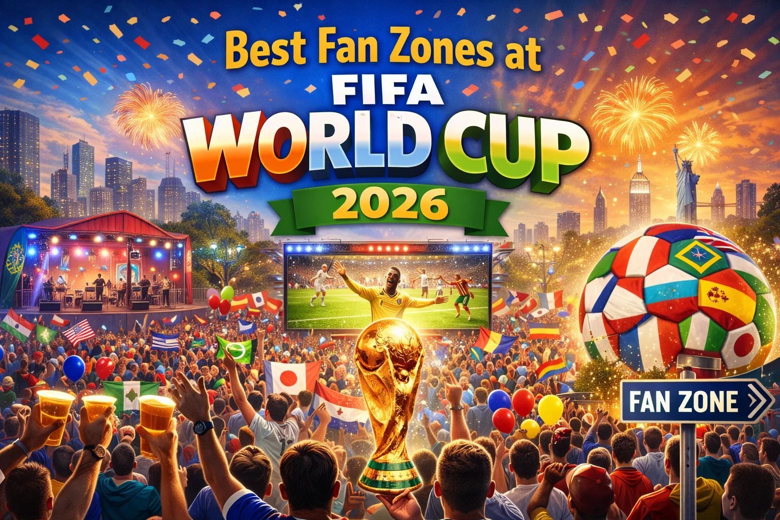 Best Fan Zones at FIFA World Cup 2026 packed with cheering fans, giant screens, food stalls and live entertainment—discover the ultimate matchday vibe!