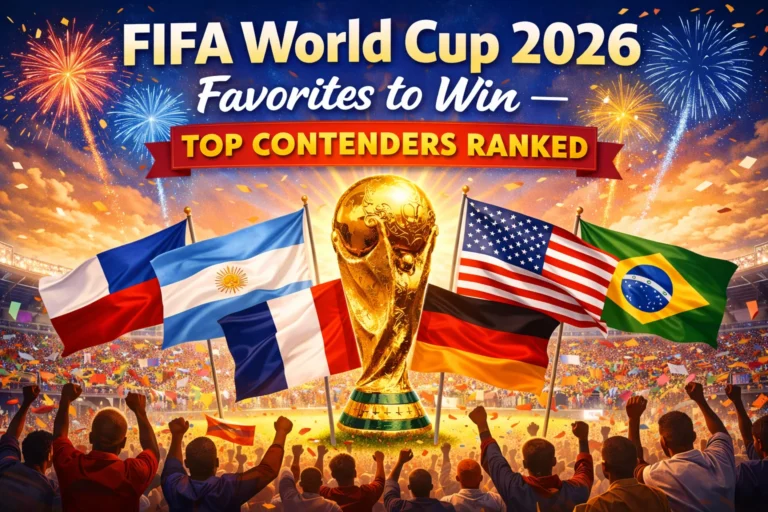 FIFA World Cup 2026 Favorites to Win graphic showing top national teams, trophy, and power rankings—see who leads the race for glory.