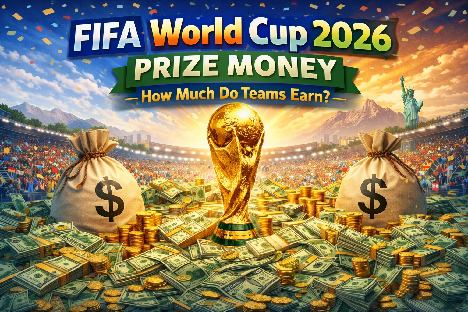 Explore the massive FIFA World Cup 2026 prize money! This image shows the trophy with piles of cash. Click to discover the total prize pool!