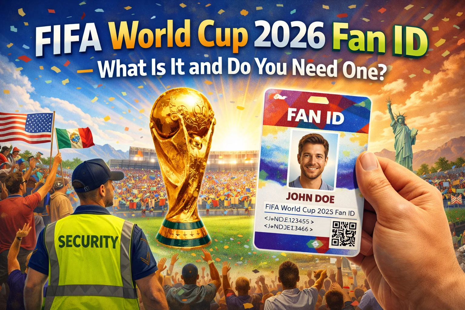FIFA World Cup 2026 Fan ID — What Is It and Do You Need One? Visual guide showing a digital Fan ID pass, stadium entry, and key requirements explained.