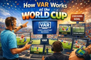 Referee at monitor checking VAR World Cup review, with players waiting on field as stadium crowd watches big screen replay. See how it works.