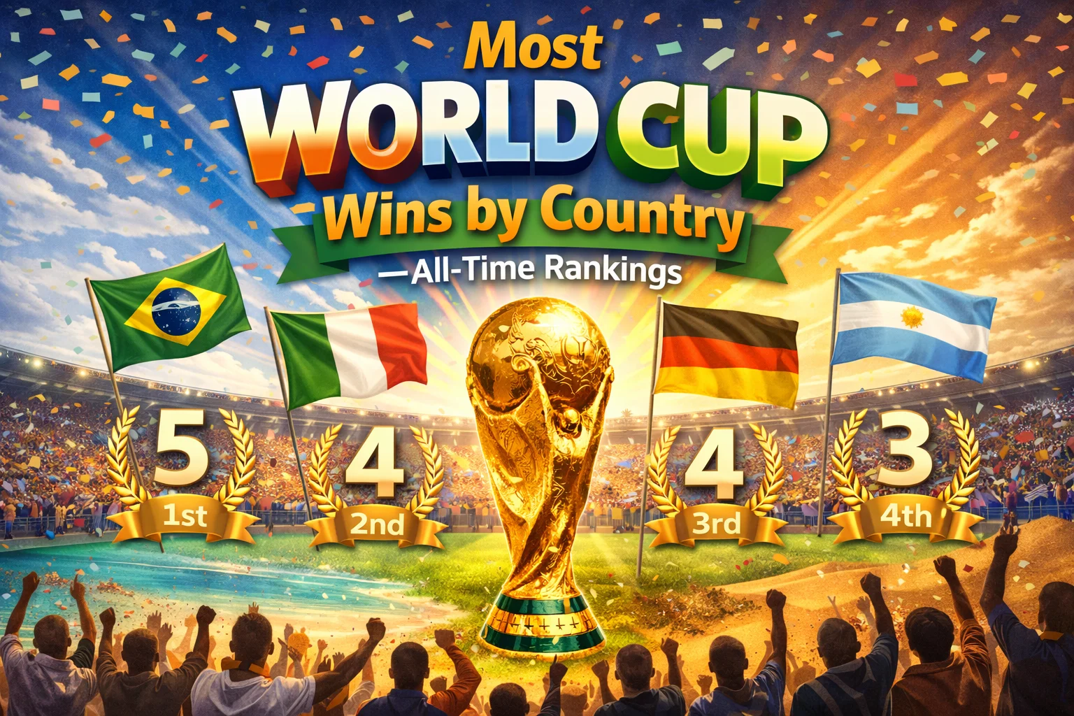 Chart showing Most World Cup Wins by Country — All-Time Rankings, highlighting Brazil, Germany, Italy and more. Click to see full list!