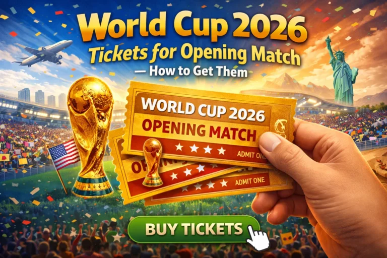 World Cup 2026 Tickets for Opening Match — How to Get Them guide showing fans buying tickets online, stadium backdrop, step-by-step tips to secure seats.