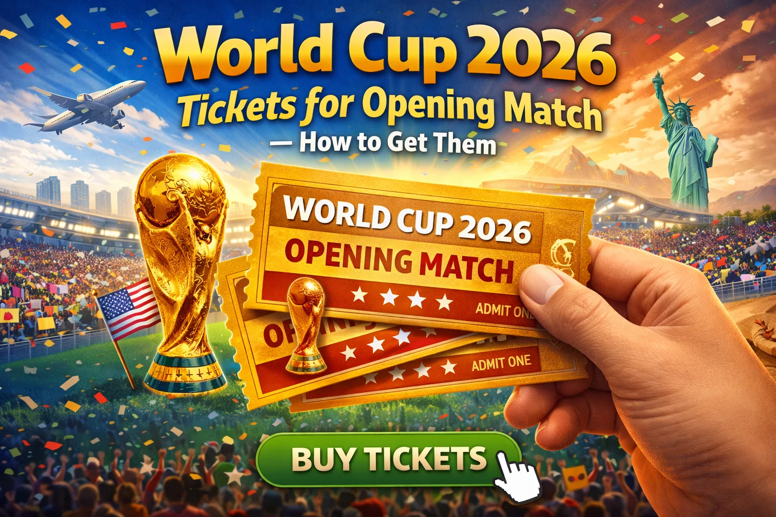 World Cup 2026 Tickets for Opening Match — How to Get Them guide showing fans buying tickets online, stadium backdrop, step-by-step tips to secure seats.