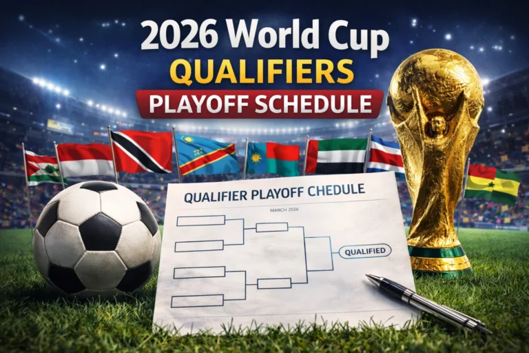2026 World Cup Qualifiers Playoff Schedule graphic showing playoff dates, teams battling for the final FIFA World Cup 2026 spots, and the path to qualification.