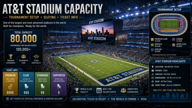 AT&T Stadium capacity poster with seating, ticket, and World Cup 2026 tournament setup graphics.