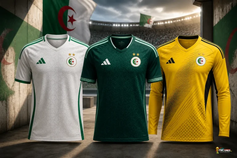 Algeria FIFA World Cup 2026 kits showing the white home jersey, green away jersey and goalkeeper shirt with a small World Cup logo in the corner